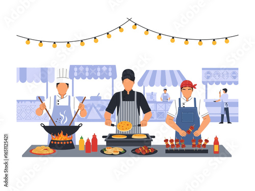 Culinary Feast: A vibrant street food festival captures a multitude of culinary delights, highlighting chefs skillfully preparing and presenting delectable dishes