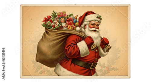Vintage Christmas postcard with Santa Claus carrying gift sack on transparent background