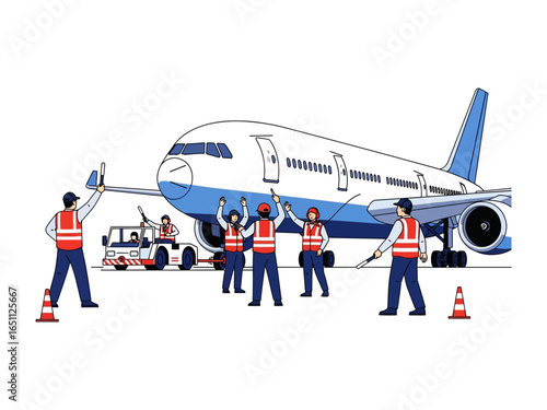 Airport Ground Crew Directing Aircraft: A team of airport ground crew members guide an airplane into position, meticulously directing the aircraft's movements with expertise and precision.