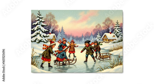 Retro Christmas postcard with children playing on frozen pond transparent background
