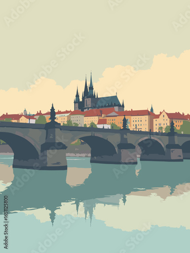 Prague – Charles Bridge towers and Vltava reflections with spire silhouettes, palette: gothic gray, copper green, river blue, amber