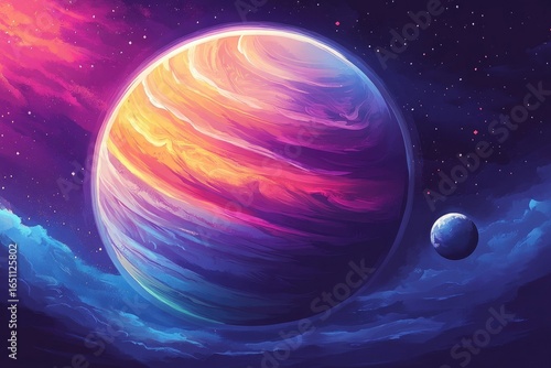 A vibrant gas giant planet with colorful bands and a smaller moon set against a star-filled cosmic backdrop.