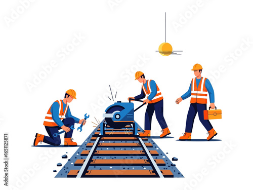 Railroad Workers at Work: A team of skilled railway workers diligently attend to the tracks, focused on maintenance with precision tools, under a clean, modern ambiance and setting.