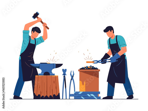 Blacksmiths at Work: Two blacksmiths engrossed in the art of metalwork. One rhythmically hammers a red-hot bar on an anvil, while the other meticulously shapes metal with precision.