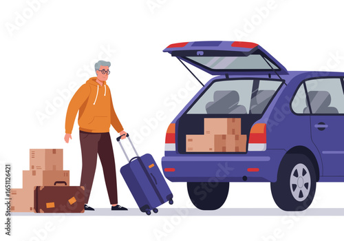 An elderly man loads luggage into the trunk of a car