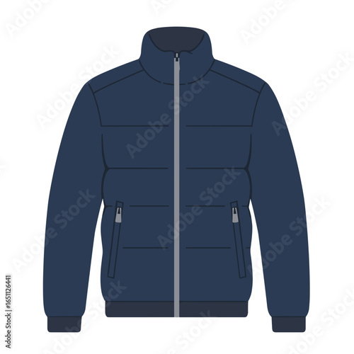 Dark blue zipped down jacket with two side pockets on a transparent background.