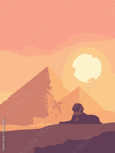 Cairo – Pyramids of Giza with Sphinx silhouette at sunrise, palette: dune gold, limestone, shadow umber, morning pink