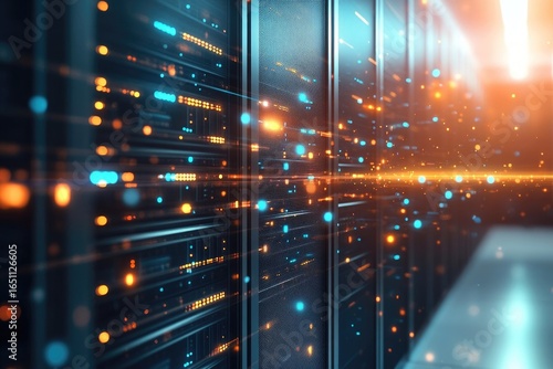 A data center with glowing blue and orange lights showing server racks, information flowing, and fast networks for cloud services.