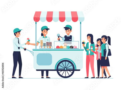 Sweet Moments: A cheerful ice cream cart scene unfolds, where customers select flavors, creating a sense of enjoyment and summertime bliss.