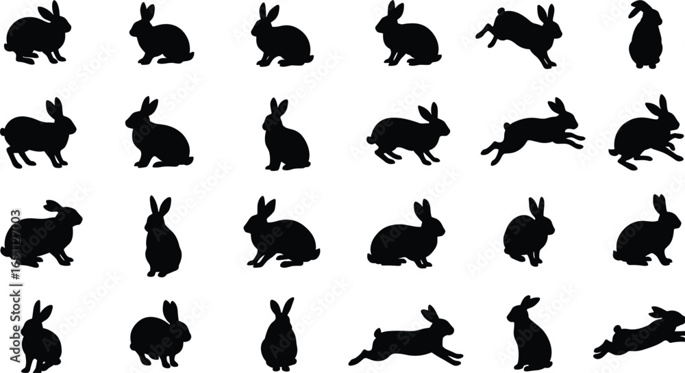 Naklejka premium Silhouette rabbit icon collection, black bunny shapes vector, wild hare jumping, sitting cute rabbit poses, pet bunny animal design