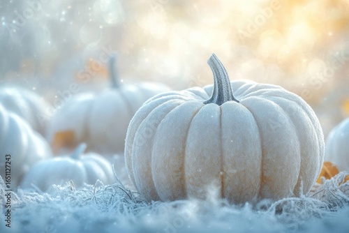 Frosted white pumpkins sit amidst a sparkling winter scene, evoking a sense of ethereal beauty and seasonal tranquility.