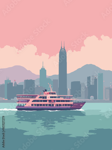 Hong Kong – Victoria Harbour skyline and Star Ferry in haze, palette: harbor navy, neon pink, peak gray, jade