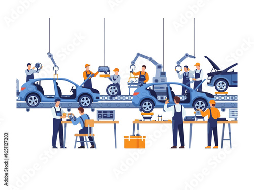 Automotive Assembly Line: Depicts an animated, detailed view of a modern automobile assembly line, highlighting the efficient and organized workflow within a factory setting. 