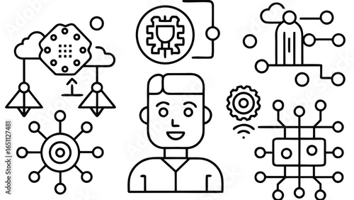 Connected Man: Outline Icon of Artificial Intelligence, Cloud Computing, and Digital Network Integration for Modern Tech Solutions                    