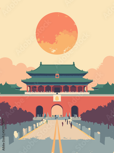 Beijing – Forbidden City gate and Tiananmen plaza at sunrise, palette: imperial red, palace gold, roof green, dawn cream