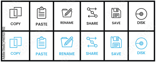 Essential digital action icons cut copy paste rename share save delete for modern interface design.Essential computer functions like copy,paste,share,save and more for user interface
