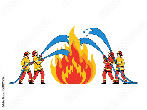 Firefighters Combat Flame: heroic firefighters in vibrant uniform battle a fiery inferno, spraying water with unwavering determination, symbolizing courage and resilience.
