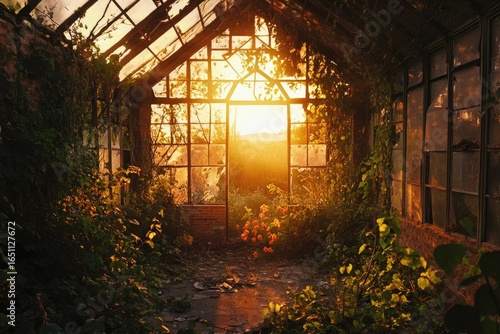 Sun-drenched abandoned greenhouse, nature reclaiming structure, flowers glowing amidst greenery, inviting golden light through a broken door