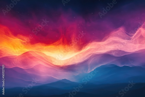 A breathtaking scene of vibrant, colorful nebula-like formations over a landscape with soft mountains under a starry sky evokes cosmic wonder.