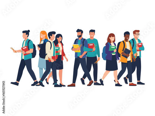 Student Walk: A diverse group of students stroll casually together, engrossed in books and notebooks, epitomizing the spirit of knowledge and camaraderie, captured in a sleek, graphic design.