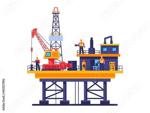Oil Rig operation on duty: The scene presents an oil rig platform, a central hub for oil extraction operations. Workers are seen working on the rig, suggesting the focus of industrial oil extraction.