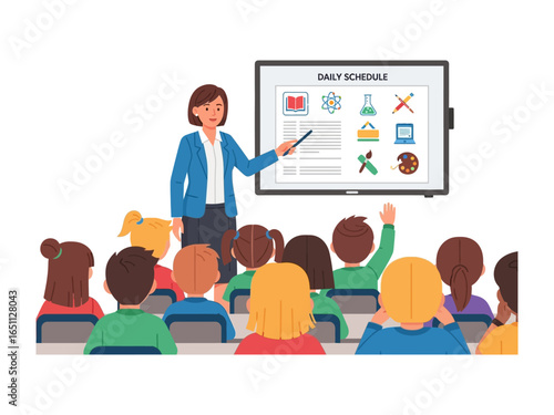 Classroom Instruction: An illustration of a teacher explaining daily schedule, guiding a group of enthusiastic young pupils in a modern classroom setting, focusing on education.