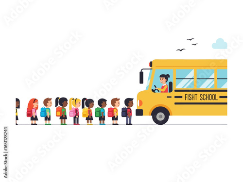 School Bus Ready: A bright yellow school bus awaits a line of children, ready for the day's educational adventures. The scene encapsulates the daily routine of education and youthful anticipation.