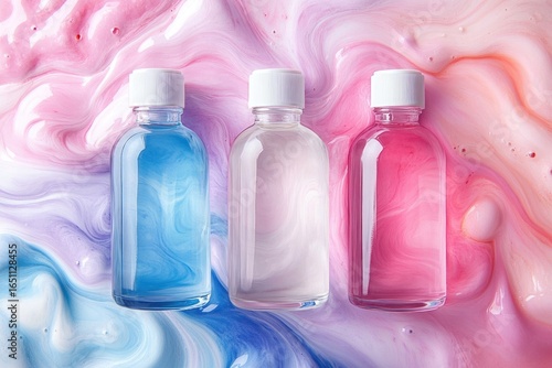 Three glass bottles filled with blue, white, and pink liquid against a vibrant, swirled backdrop.