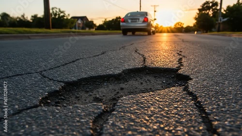 Road damage pothole on asphalt surface under sunset car driving transportation infrastructure
