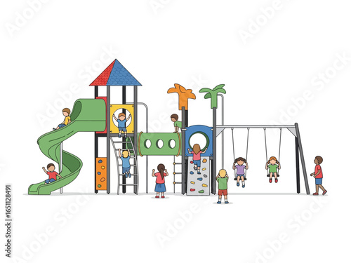 Playground Paradise: Children engage in joyful play on a vibrant and inclusive playground, showcasing the vibrant colors and dynamic fun of childhood.