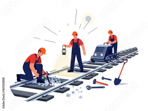 Railway Reconstruction in Progress: A team of diligent workers, clad in safety attire, meticulously rebuild a railway track, symbolizing progress and transportation development.