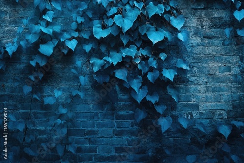 Blue ivy leaves cascade down a textured brick wall, creating a moody and captivating botanical scene.