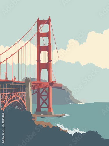 San Francisco – Golden Gate Bridge emerging from fog with rolling bay, palette: bridge orange, fog gray, ocean teal, slate