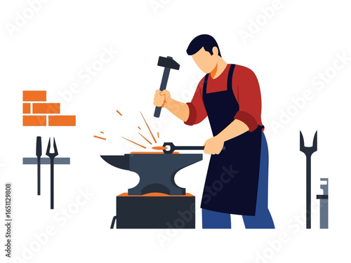 Blacksmith at Work: A blacksmith is vigorously working at the anvil, forging metal with precision and skill in a simplified illustration.