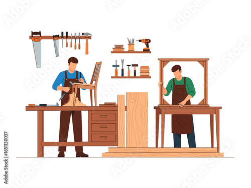 Artisans at Work: Two skilled carpenters meticulously craft furniture in a workshop environment, surrounded by tools and wood.