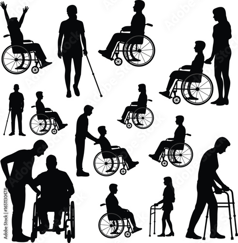 Silhouettes of disabled people with mobility aids, wheelchair users, cane walkers, assisted movement, rehabilitation support, vector illustration for healthcare concept