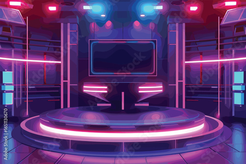 Concert stage with screen. Podium illuminated by spotlights. Platform for music festivals, shows, performances and presentations. Scene with musical equipment. Cartoon flat vector illustration