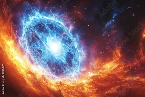 A vibrant cosmic artwork showcasing a blue, orb-like structure amidst swirling red and orange nebulae, speckled with distant stars in the background.