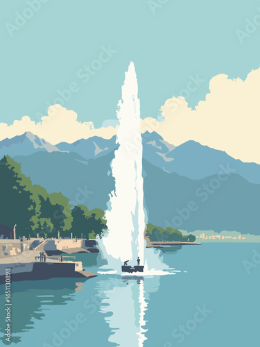 Geneva – Jet d'Eau spray with lakefront promenade and Alps backdrop, palette: spray white, mountain slate, lake blue, stone