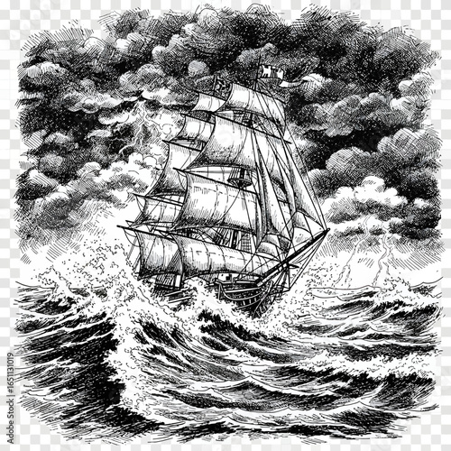 Vintage black and white engraving of a tall sailing ship battling a turbulent stormy sea.