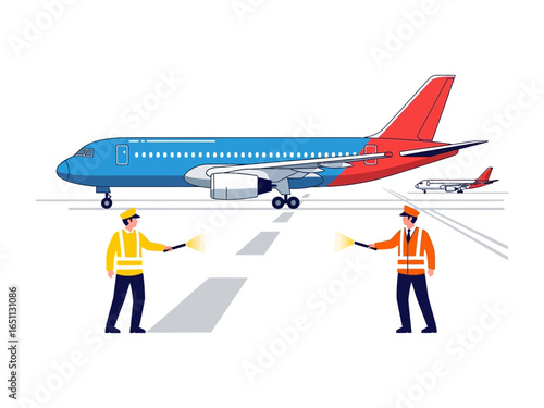 Guidance and Direction: Two airport ground crew members use signaling wands to guide a passenger airplane on a taxiway during the day. This scene symbolizes precision, coordination.