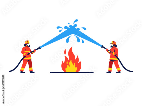 Firefighters: A vivid illustration capturing two dedicated firefighters, bravely battling raging flames with powerful water streams, embodying courage and service.