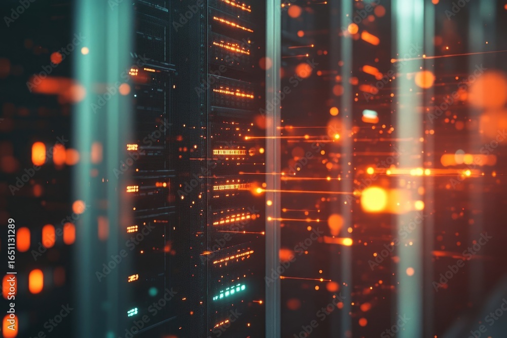 Fototapeta premium A futuristic, close-up view of data servers with glowing lights conveying powerful processing capabilities and sophisticated network infrastructure.