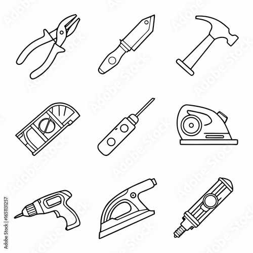 Black and white line art illustrations of nine different tools and instruments pliers