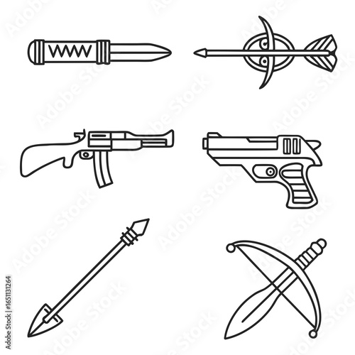 Black and white line art illustrations of various weapons and combat tools vector