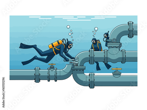 Underwater Inspection: Divers meticulously inspect the infrastructure. the scene reflects the precision, skill, and collaborative nature of underwater maintenance.