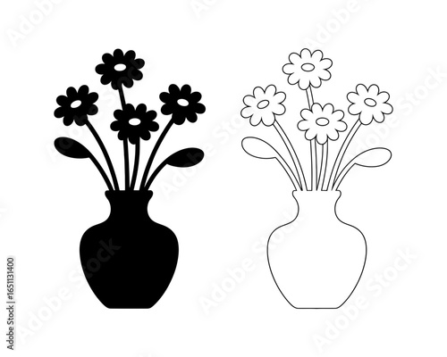 Black and white silhouette of flowers in a vase isolated on white background
