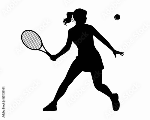 Female tennis player swinging racket silhouette isolated on white background