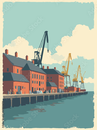 Gothenburg – Magasinshamnen warehouses and harbor cranes, palette: brick, harbor teal, slate, lamp amber