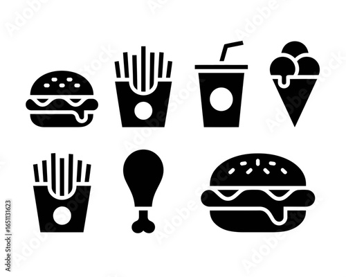 Collection of fast food icons including burgers fries soda and ice cream silhouette isolated on white background